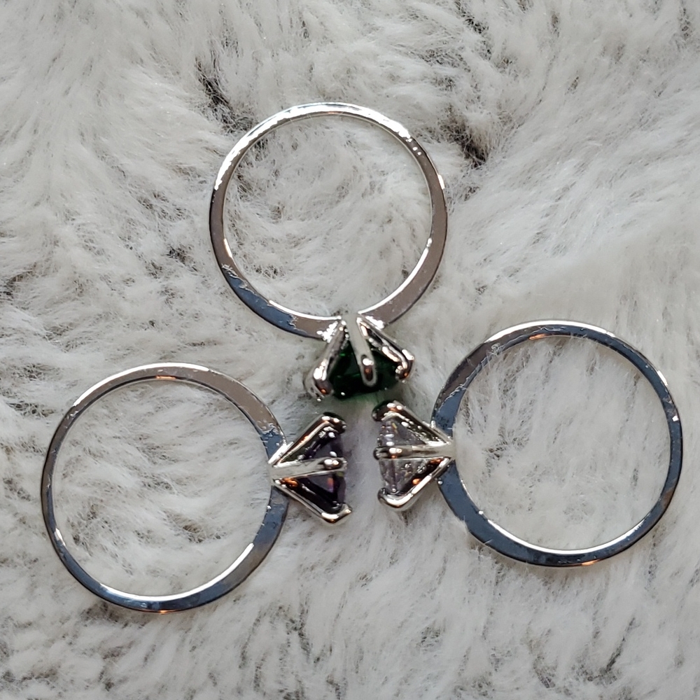 3/Glass Stone 6-Prong Silver Rings|Clear-Green-Purple|Single Cut Glass-Sz 9.5 - Picture 9 of 12